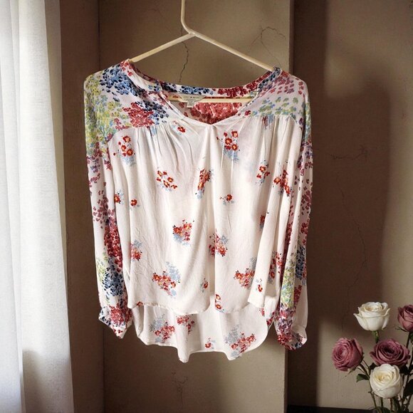 Lucky Brand Floral Peasant Blouse Boho Top White Multicolor – Size L - Picture 1 of 11